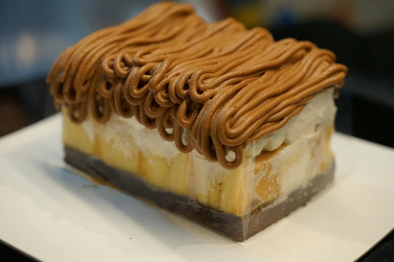 a piece of cake sitting on top of a white plate, on a wooden tray, thumbnail, fibbonacci, manila