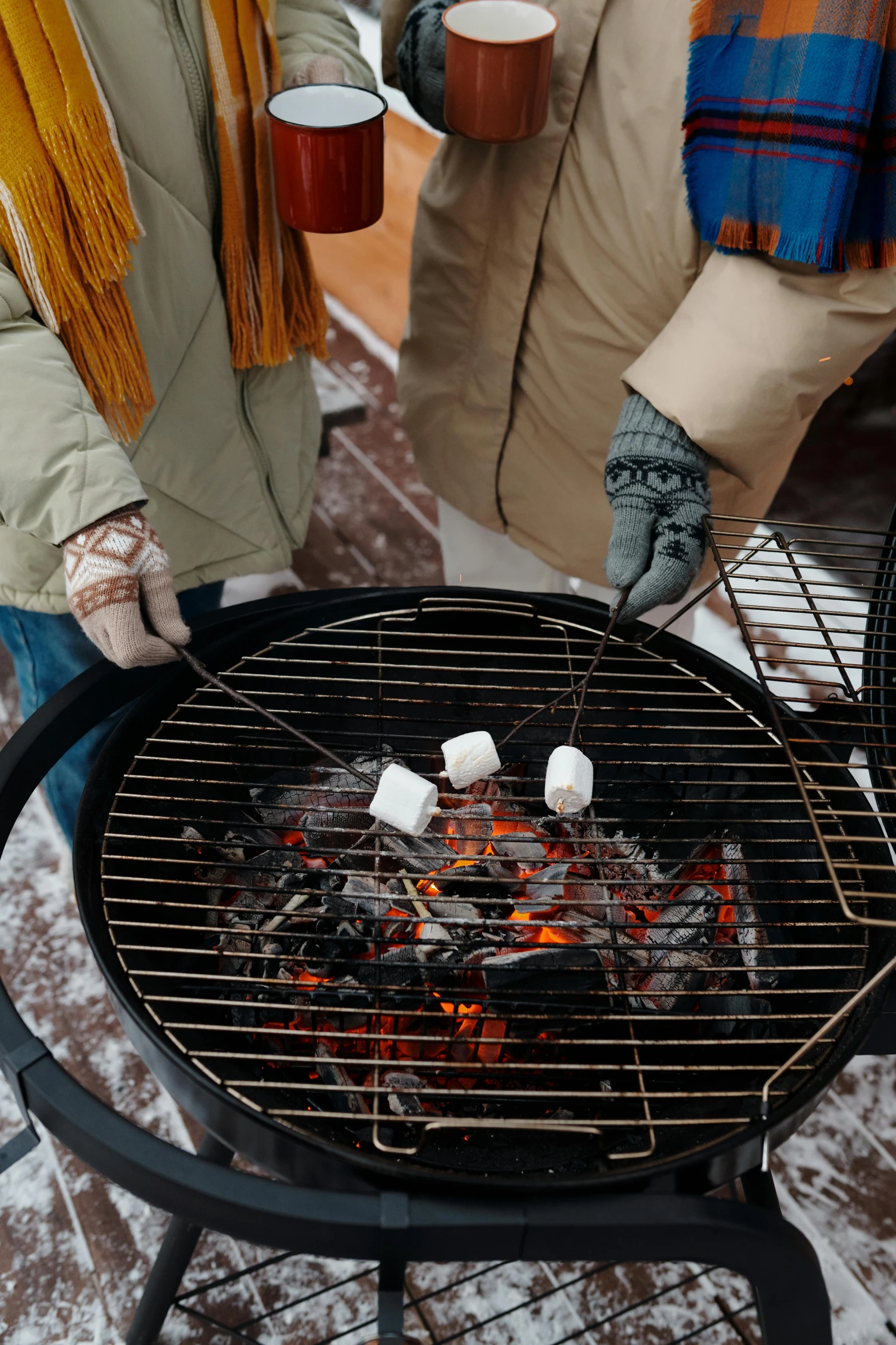 a group of people standing around a grill with marshmallows on it, by Carey Morris, pexels contest winner, wintertime, square, mittens, multi - layer