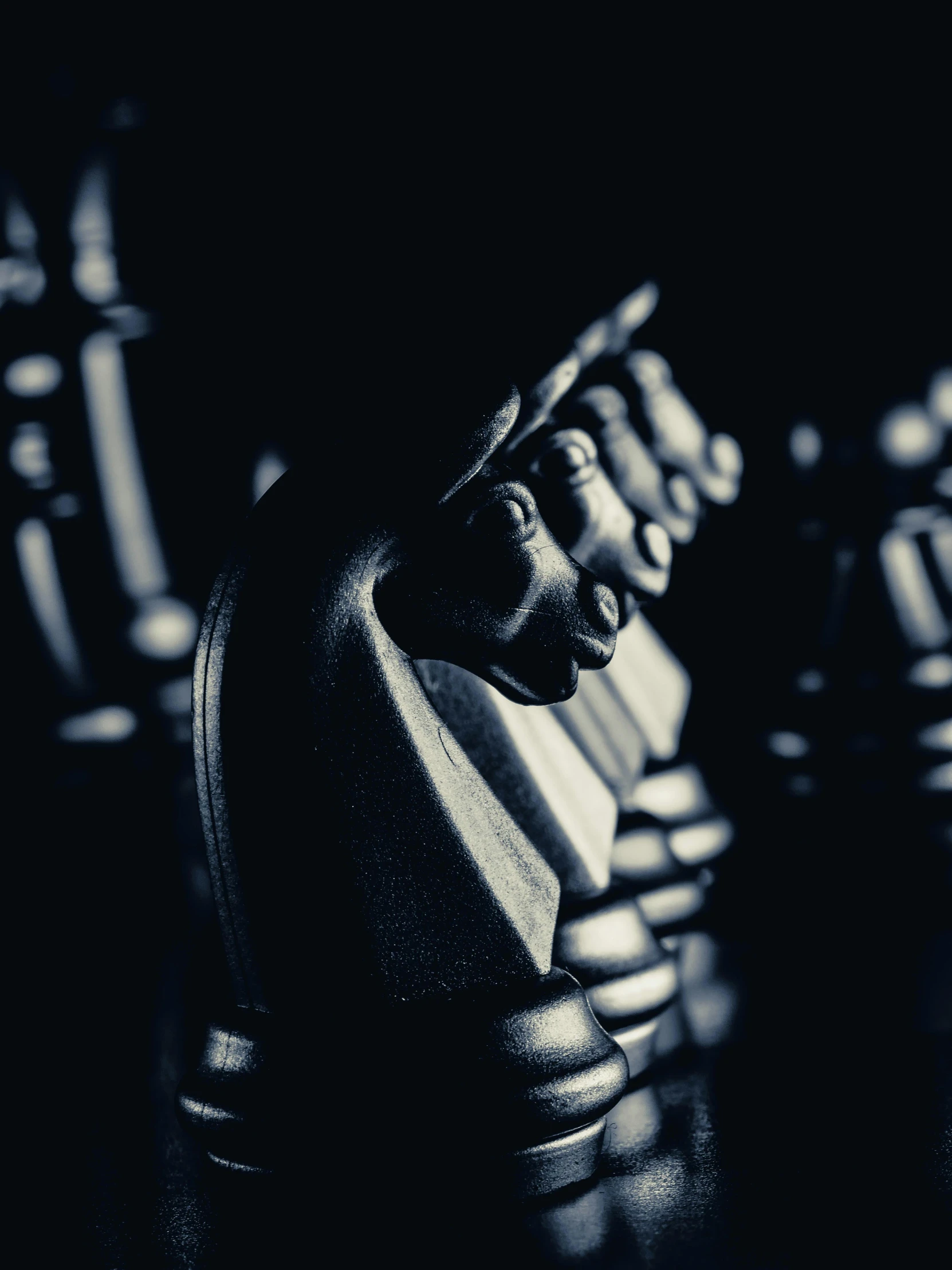 a black and white photo of chess pieces, by Adam Marczyński, unsplash, renaissance, in thick full bronze armour, profile image, ilustration, creepy macro photo