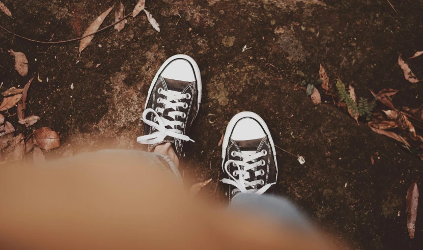 a person's feet in black and white sneakers, trending on pexels, converse, traveling clothes, sitting on a leaf, teenagers