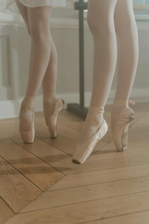 a couple of women standing on top of a wooden floor, by Elizabeth Polunin, shutterstock, arabesque, soft white rubber, [ cinematic, silver，ivory, stems