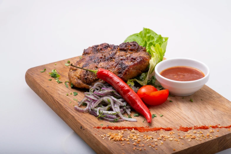 a wooden cutting board topped with meat and vegetables, a picture, full product shot, akiman, plating, woodfired