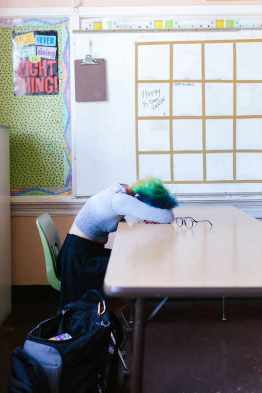 a person sleeping on a table in a classroom, by Elsa Bleda, process art, lgbtq, head bent back in laughter, schools, vandalism