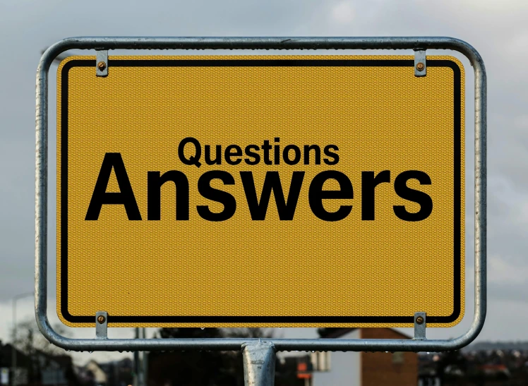 a yellow sign that says questions answers, a picture, by Andries Stock, shutterstock, billboard image, instagram picture, silver, no watermarks