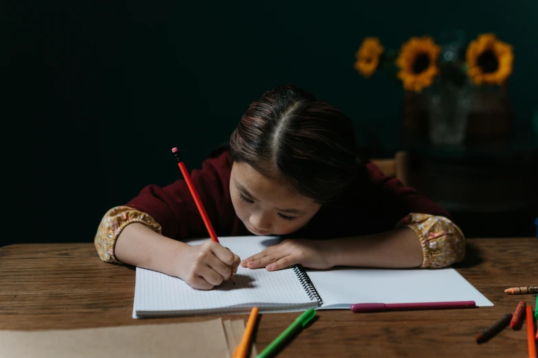 a little girl sitting at a table writing on a piece of paper, pexels contest winner, holding notebook, idealised, red ballpoint pen, thumbnail