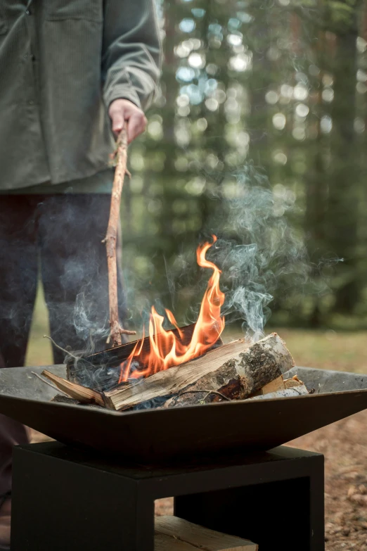 a man holding a stick over a fire pit, square, botanicals, woodland, large