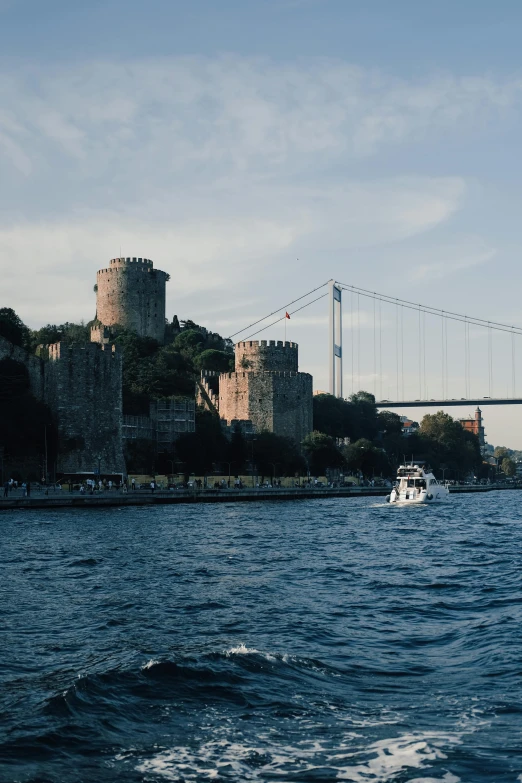 a large body of water with a bridge in the background, istanbul, with a castle in the background, on a boat, 8k 28mm cinematic photo