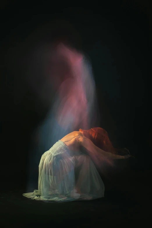 a woman in a white dress in the dark, an album cover, by Elizabeth Polunin, pexels contest winner, conceptual art, flowing red hair, casting a multi colored spell, medium format. soft light, beth cavener