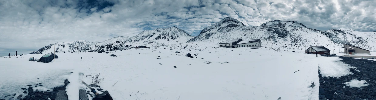 a group of people standing on top of a snow covered slope, a matte painting, pexels contest winner, wide panoramic shot, uttarakhand, empty snow field, grey