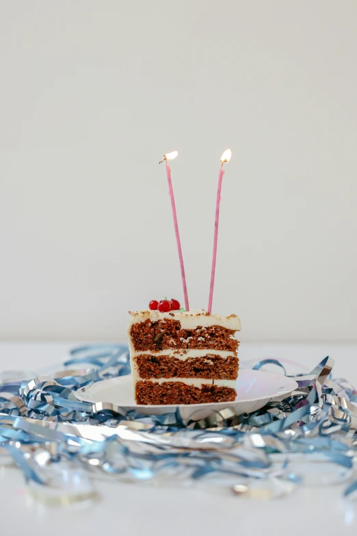 a piece of cake sitting on top of a plate, unsplash, happening, happy birthday candles, pink and blue lighting, high grain, edible