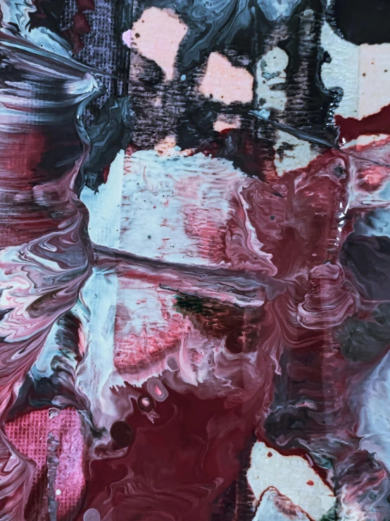 a close up of a painting on a table, inspired by Julian Schnabel, unsplash, lyrical abstraction, mauve and cinnabar and cyan, petra cortright, dark oil paint, ( ( extreme detail ) )