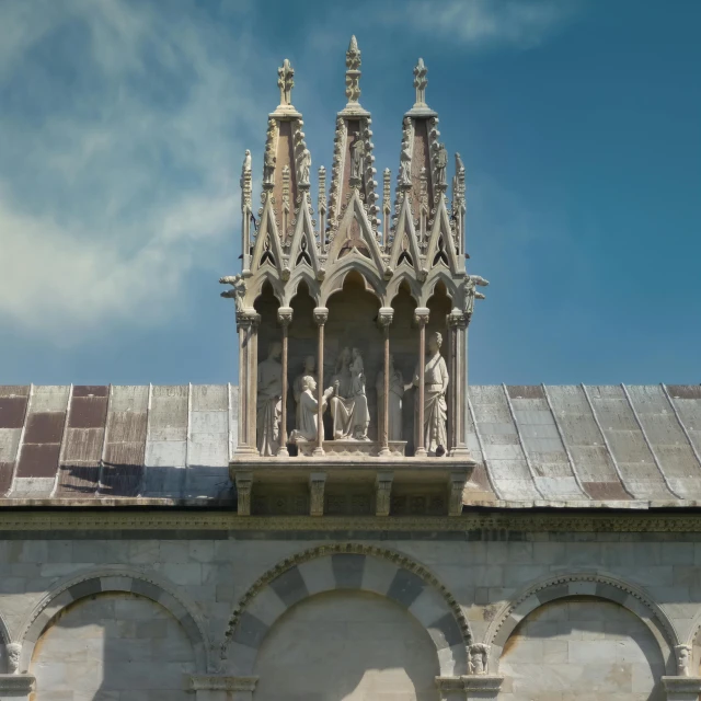 a clock that is on the side of a building, a marble sculpture, inspired by Taddeo Gaddi, romanesque, majestic spires, above view, cloicsonne, reliquary