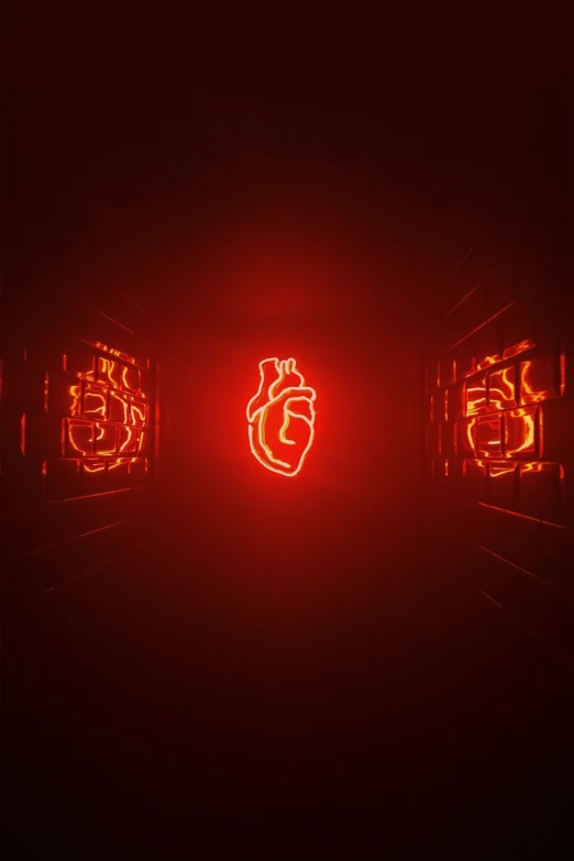 a group of neon signs in a dark room, a hologram, by Sebastian Vrancx, 3d model of a human heart, red orange lighting, rendered in unrealengine, trapped in my conscious
