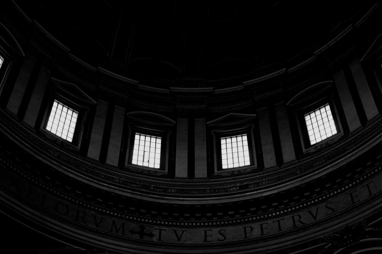 a black and white photo of the dome of a building, by Giovanni Pelliccioli, unsplash contest winner, neoclassicism, light coming from the windows, dark but detailed digital art, pantheon, in a church. arstation