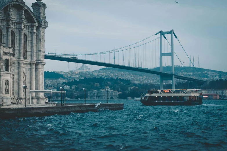 a boat in a body of water near a bridge, by Niyazi Selimoglu, pexels contest winner, hurufiyya, 🚿🗝📝