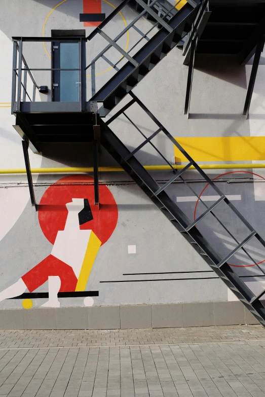 a fire escape is painted on the side of a building, inspired by El Lissitzky, artwork in the style of z.w. gu, kino, 1 9 8 9, ( ( ( art deco ) ) )