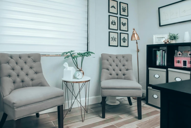 two chairs sitting next to each other in a room, grey color scheme, doctors office, cosy vibes, kimberly asstyn