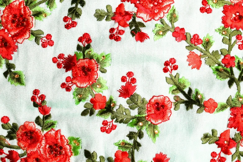 a close up of a red and green floral fabric, chinese costume, with a white background, mint, floral embroidery