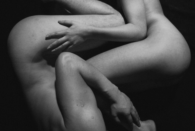 a black and white photo of a naked woman, a black and white photo, inspired by Germaine Krull, massurrealism, couple pose, saatchi art, fingers, ffffound