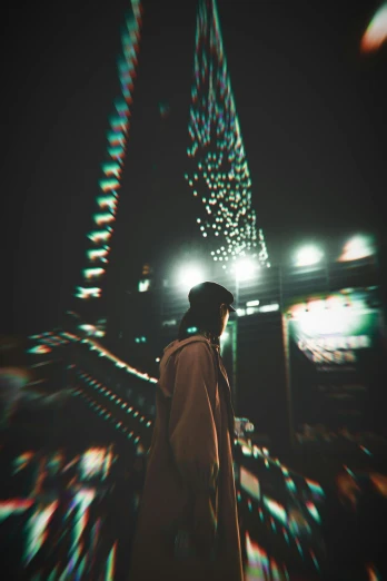 a man walking down a street at night, by Liam Wong, vhs filter, towering over the camera, brandon woelfel, abstract