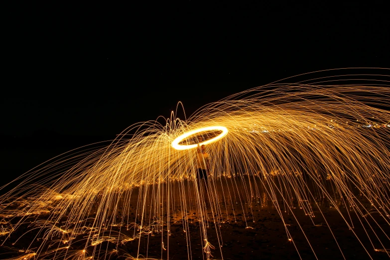 a steel wool spinning in the air at night, by Sebastian Spreng, pexels contest winner, orange halo, gold, hd wallpaper, bright rim light