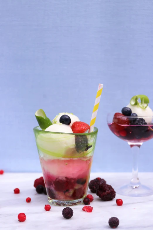 a couple of glasses filled with fruit and ice cream, inspired by François Bocion, profile picture, “berries, multi - layer, foodphoto