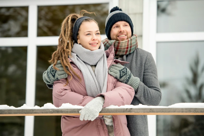 a man and woman standing next to each other in the snow, balcony, avatar image, hygge, grey