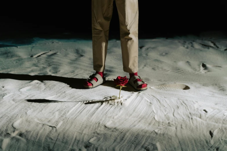 a man standing on top of a sandy beach, by Nathalie Rattner, unsplash, surrealism, red roses at the top, sneaker photo, lunar themed attire, during night