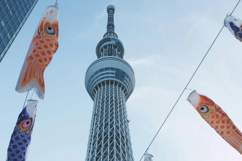 kites flying in the air in front of a tall building, inspired by Kōshirō Onchi, unsplash contest winner, ukiyo-e, japan tokyo skytree, ramen, 🚿🗝📝