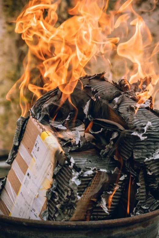 a close up of a fire in a trash can, an album cover, unsplash contest winner, renaissance, textbooks, corrupted data, papers, burning building