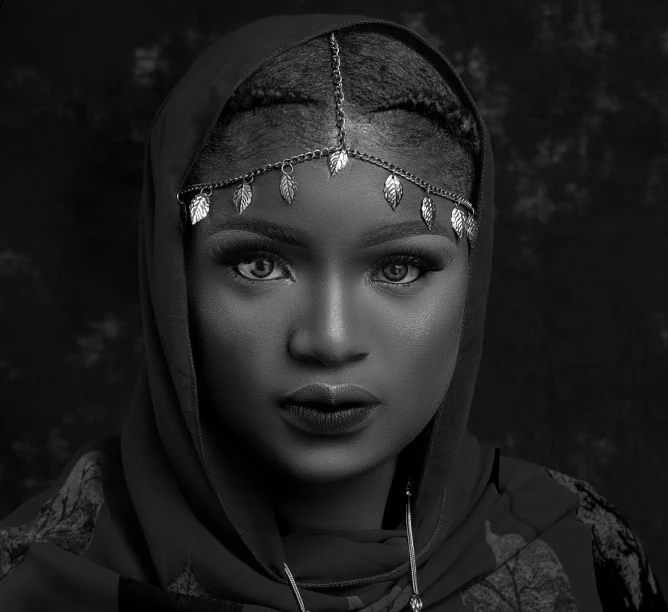 a woman in a black and white photo, by Chinwe Chukwuogo-Roy, pexels contest winner, arabian princess, cute woman, ornate cosplay, modest