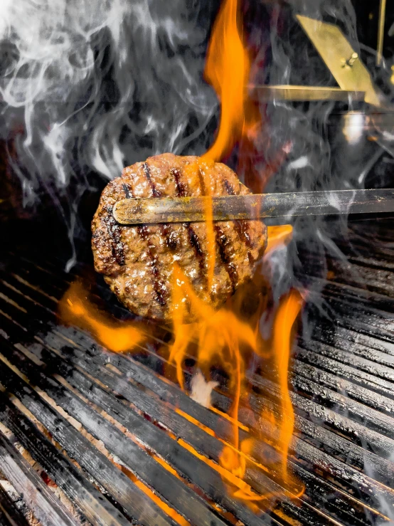 a hamburger being cooked on a grill with flames, by Julia Pishtar, culinary art photography, profile image, avatar image, taken on iphone 14 pro