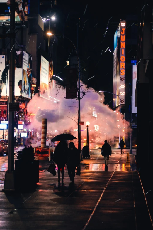 a group of people walking down a street at night, unsplash contest winner, conceptual art, destroying new york city, tear gas, neon rain, time square