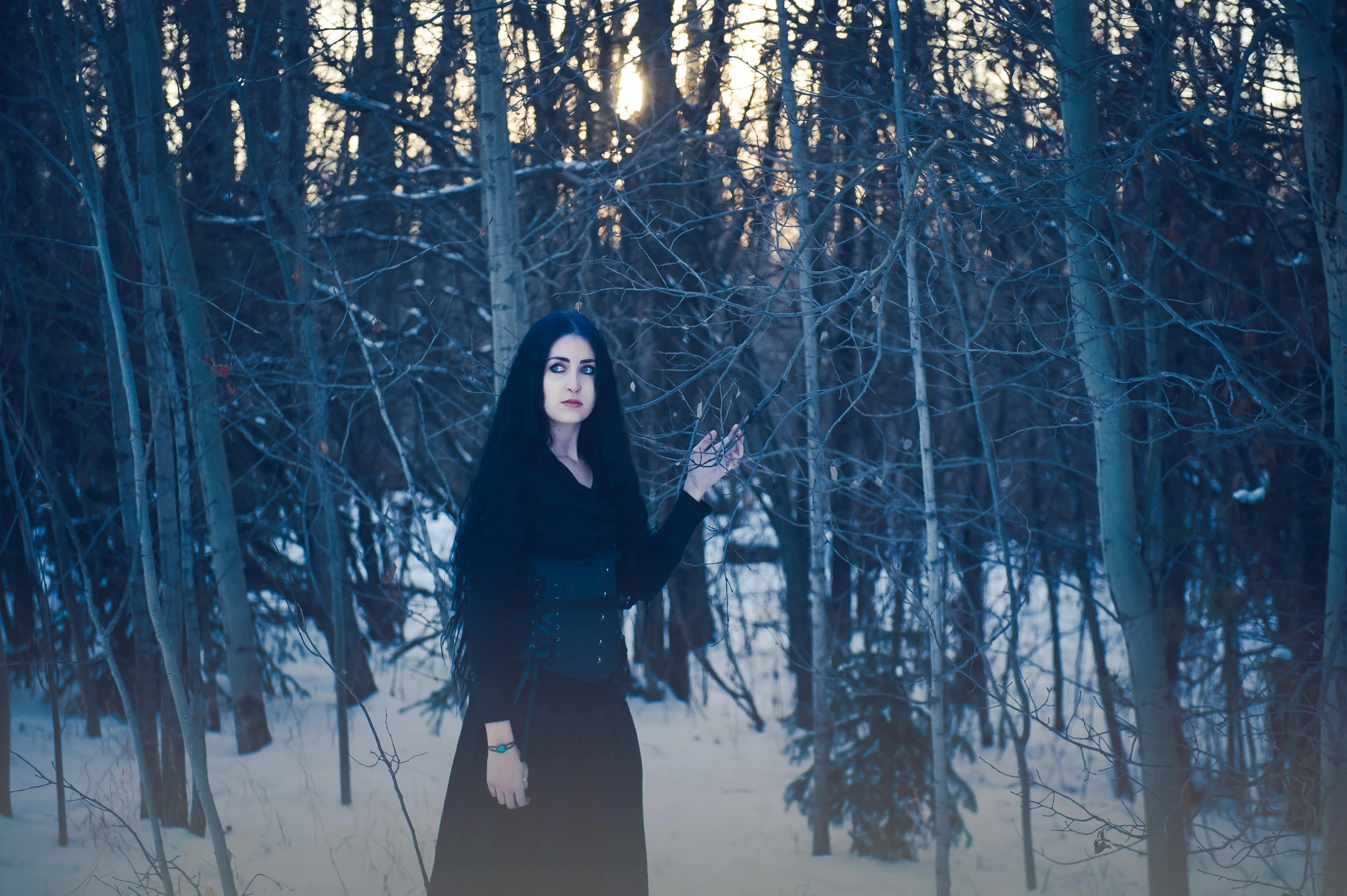 a woman in a black dress standing in a forest, an album cover, inspired by Elsa Bleda, unsplash, gothic art, portrait of snow white, portrait of a female necromancer, wearing long black winter coat, yennefer of vengerberg