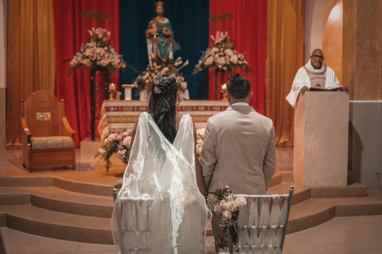 a bride and groom walking down the aisle of a church, pexels, renaissance, sitting on the throne, thumbnail, brown, praying