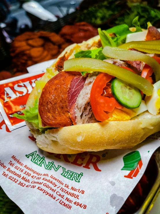 a hot dog sitting on top of a bun covered in toppings, by Austin English, pexels contest winner, art nouveau, astor alexande, malaysian, greens), profile image