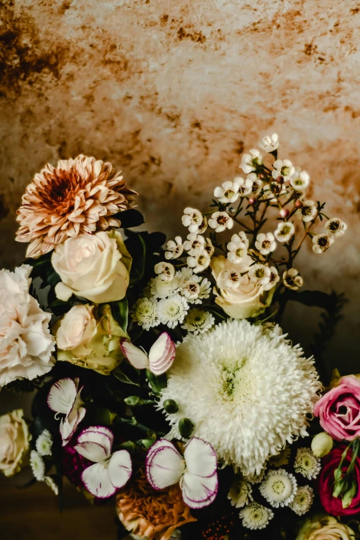 a bunch of flowers sitting on top of a table, baroque, natural muted tones, finely textured, upclose, detailed product shot