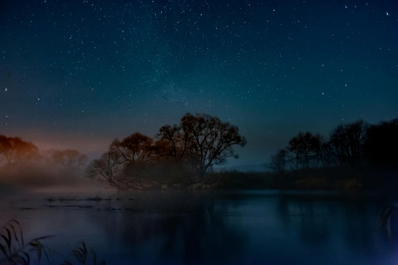 a boat floating on top of a lake under a night sky, by Adam Marczyński, pexels contest winner, magical realism, brockholes, trees and stars background, mist floats in the air, twilight ; wide shot