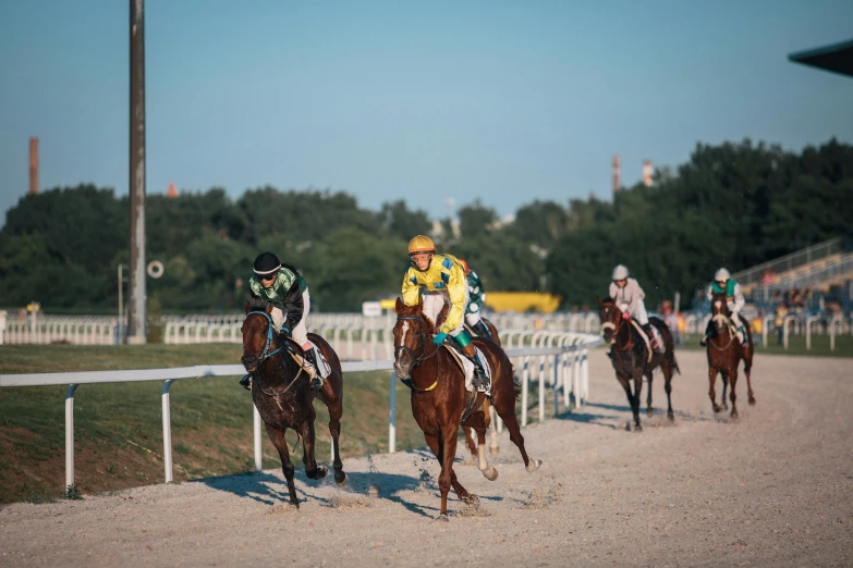 a group of people riding on the backs of horses, pexels contest winner, figuration libre, on a racetrack, 🚿🗝📝, profile image, city park