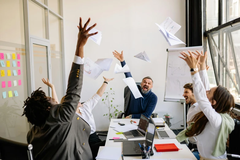 a group of people throwing papers in the air, sat in an office, 9 9 designs, fan favorite, highly upvoted