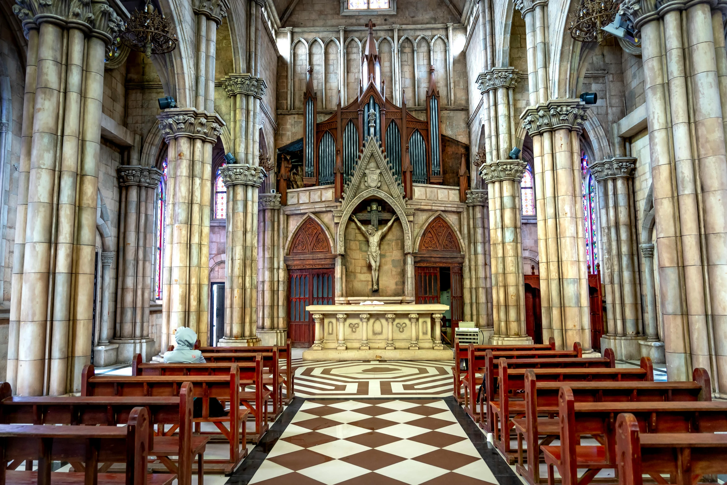 a church with pews and stained glass windows, an album cover, inspired by Thomas Struth, sao paulo, pillars and arches, gopro photo, 🦑 design