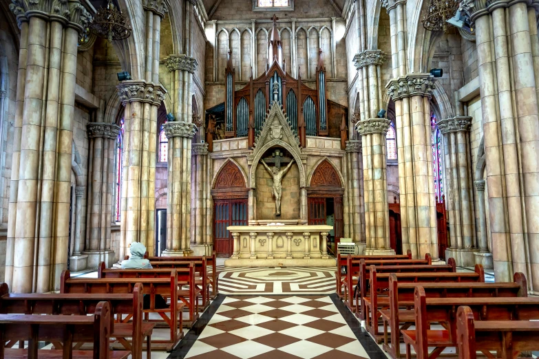 a church with pews and stained glass windows, an album cover, inspired by Thomas Struth, sao paulo, pillars and arches, gopro photo, 🦑 design