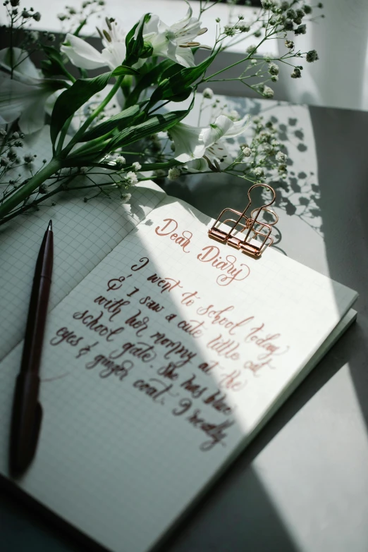 a notepad sitting on top of a table next to a bunch of flowers, letters, sunlight glistening, thumbnail, caligraphy
