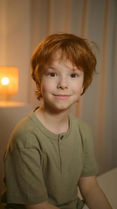 a young boy sitting on top of a bed next to a lamp, a character portrait, by Niels Lergaard, pixabay contest winner, ginger hair with freckles, closeup headshot portrait, soft lighting 8k, happy kid
