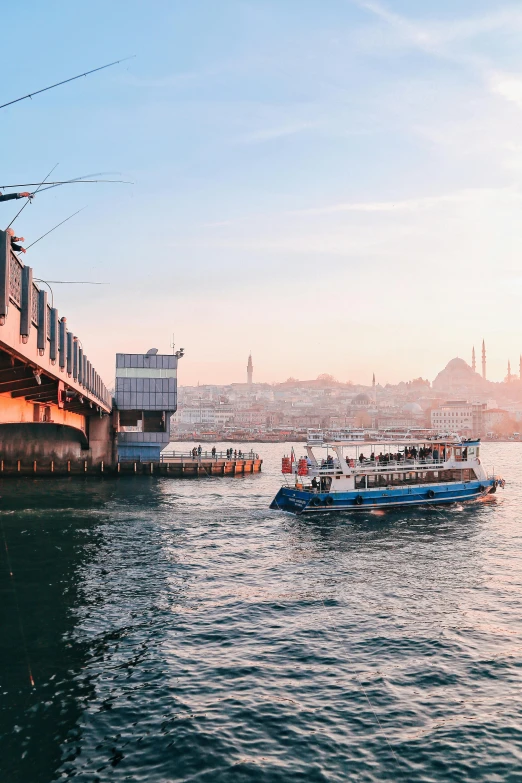 a boat on a body of water near a bridge, by Niko Henrichon, pexels contest winner, hurufiyya, fallout style istanbul, 🚿🗝📝