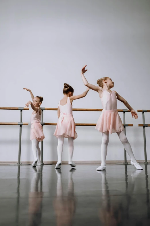 a group of young ballerinas standing next to each other, by Elizabeth Durack, trending on unsplash, arabesque, panoramic view of girl, mini model, panels, foam