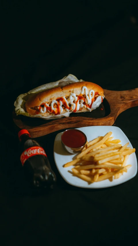 a hot dog sitting on top of a white plate next to french fries, a still life, inspired by Pia Fries, pexels contest winner, with a black background, soda, red and white color theme, chicken sandwich