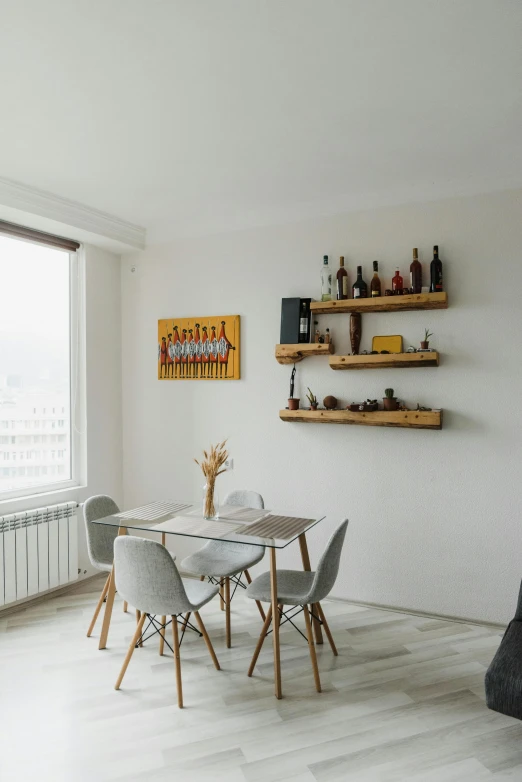 a living room filled with furniture next to a window, pexels contest winner, minimalism, dining room, shelf, romanian, low quality photo