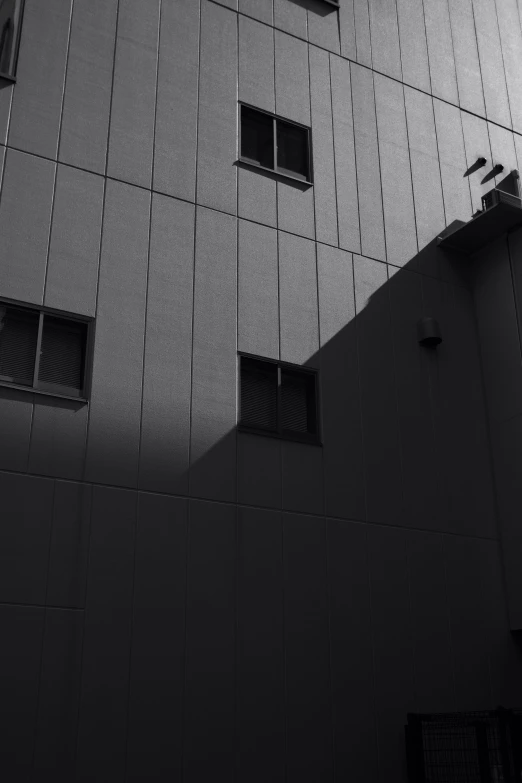 a black and white photo of a tall building, a black and white photo, unsplash, postminimalism, kyoto studio, late afternoon sun, camera obscura, industrial colours