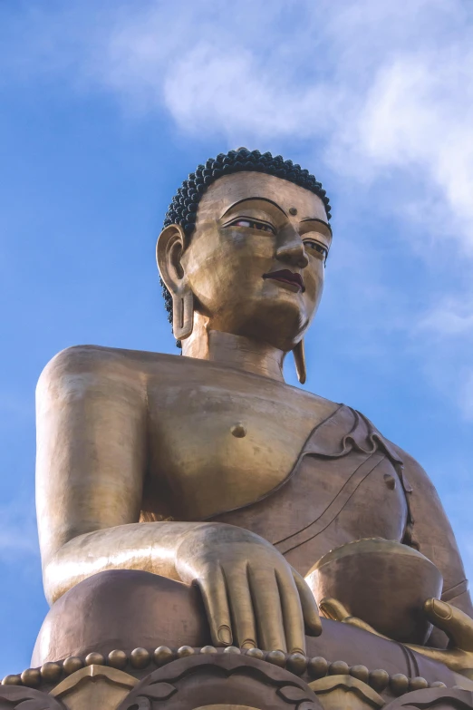 a golden buddha statue with a blue sky in the background, a statue, by Jason Benjamin, bhutan, slightly tanned, looking serious, an olive skinned